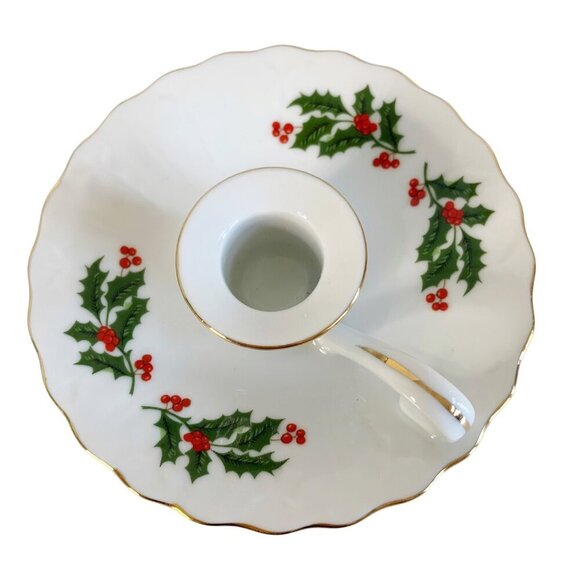 Vtg Candlestick Holders Porcelain Taper Holly Berries Leaves Made in Japan - Picture 6 of 6